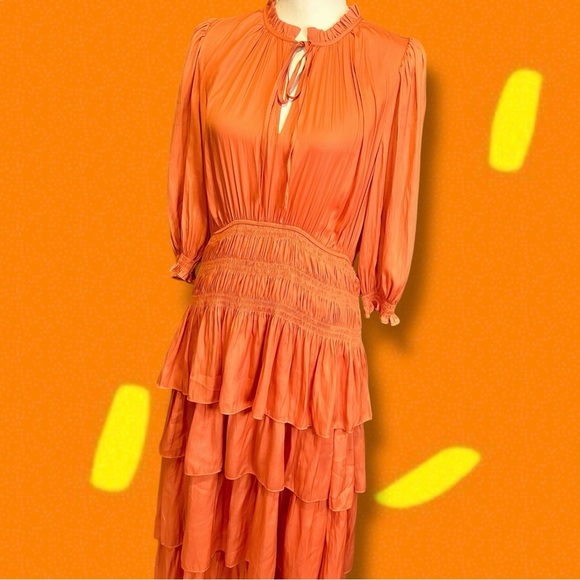 NWT Maje Orange ‘Radjinette’ Tiered Ruffle Satin Midi Dress French Size 42 = XL - Picture 15 of 16